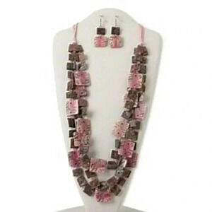 Organic Tribal Painted Pink Multi Pen Shell Palm Wood Necklace Earrings Set